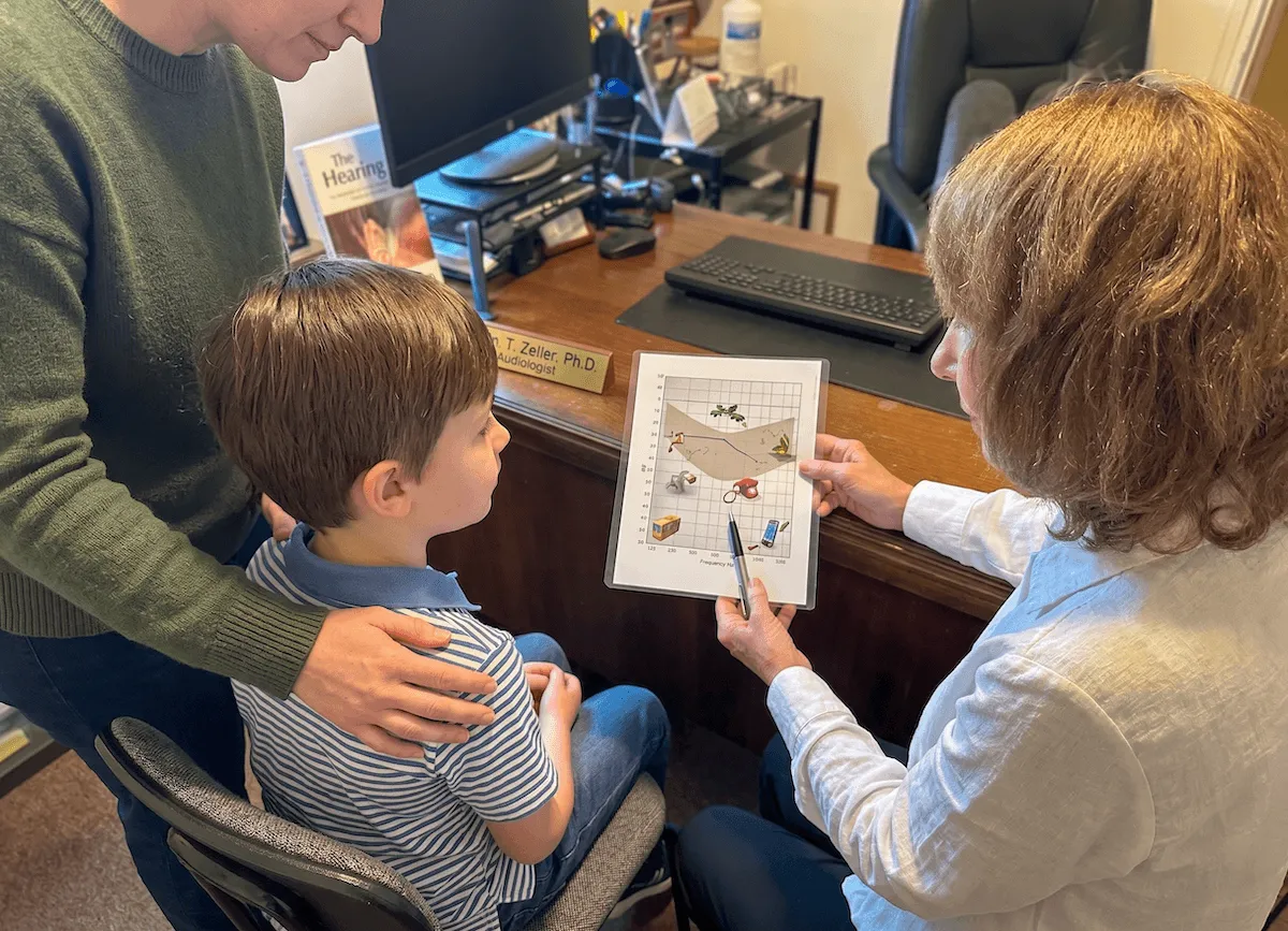 Dr. Robin Zeller reviewing an audiogram with a parent and child